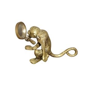 Vintage Brass Monkey Figurine with Magnifying Glass Decorative Desk Accessory
